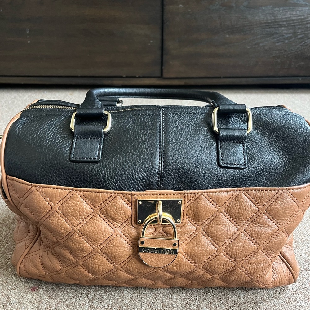 Calvin Klein Black and Tan Quilted Leather Satchel